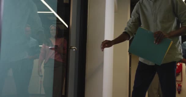 Happy Diverse Business People Walking Documents Opening Door Office Work — Stock Video