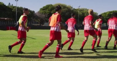 Video of diverse group of male football players warming up on field, running and stretching. Male football team, inclusivity and fitness in team sports.