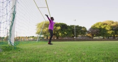 Video of african american goalkeeper on field, playing football. Male football team, inclusivity and fitness in team sports.