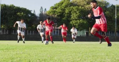 Video of diverse group of male football players on field, playing football. Male football team, inclusivity and fitness in team sports.