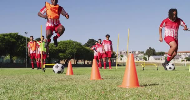 Разнообразная Группа Мужчин Футболистов Греется Поле Извращая Мяч Мужская Футбольная — стоковое видео