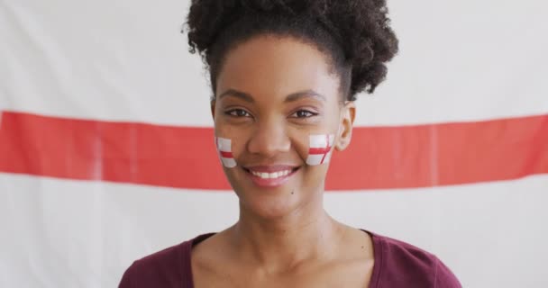 Video Excited Afrcian American Woman Flag England Watching Match Sport — Wideo stockowe