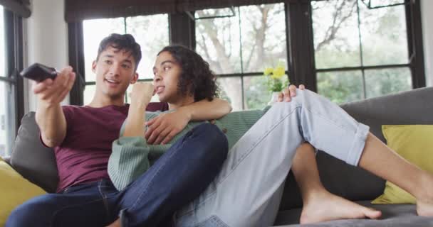 Happy Diverse Male Couple Sitting Sofa Embracing Watching Living Room — Vídeo de Stock