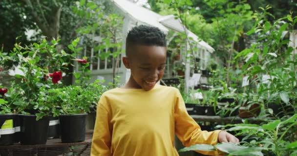 Portrait Happy African American Boy Looking Plants Smiling Garden Spending — Stock Video