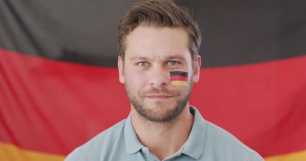 Video Excited Caucasian Man Flag Germany Watching Match Sport Cheering — Vídeo de stock