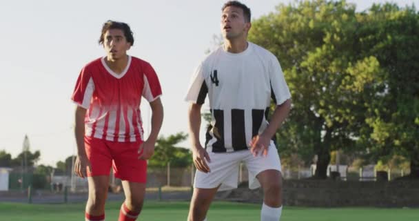 Βίντεο Δύο Διαφορετικών Ανδρών Ποδοσφαιριστών Που Παίζουν Ποδόσφαιρο Ανδρική Ποδοσφαιρική — Αρχείο Βίντεο