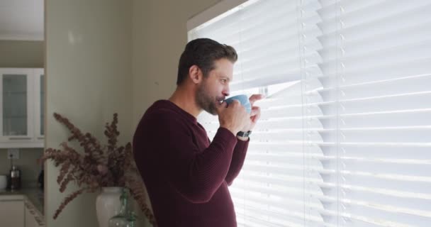 Video Thoughtful Caucasian Man Drinking Coffee Looking Window Lifestyle Relax — Stock video