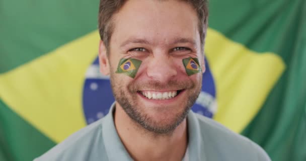 Video Excited Caucasian Man Flag Brazil Watching Match Sport Cheering — Wideo stockowe