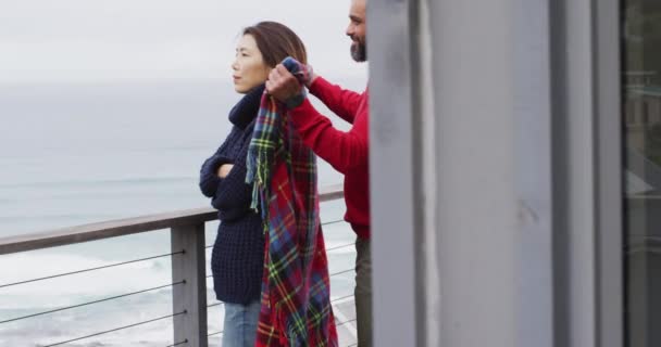 Happy Diverse Couple Blanket Embracing Talking Together Balcony Spending Quality — Video