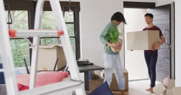 Feliz Pareja Masculina Diversa Mudanza Casa Llevando Cajas Sonriendo Pasar — Vídeos de Stock