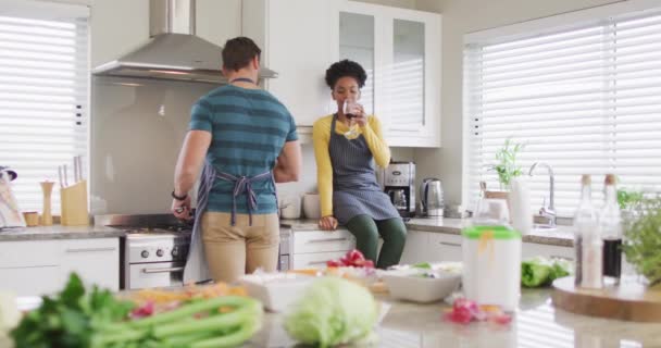 Video Happy Diverse Couple Preparing Meal Drinking Wine Having Fun — ストック動画