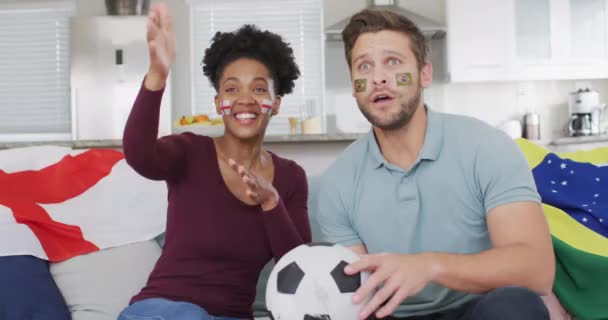 Video Happy Diverse Couple Flags Portugal England Watching Match Love — Wideo stockowe