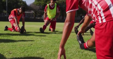 Video of diverse group of male football players warming up on field,starching. Male football team, inclusivity and fitness in team sports.