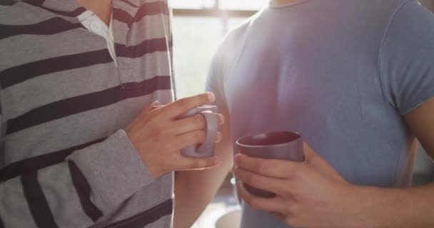 Happy Diverse Male Couple Drinking Coffee Embracing Kitchen Spending Quality — Vídeo de Stock