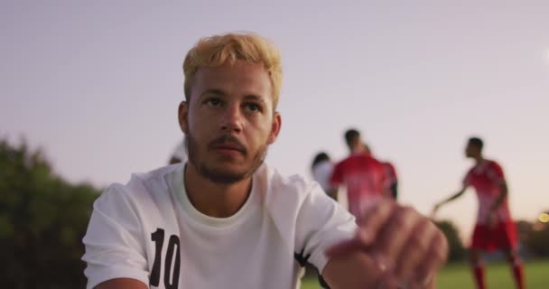 Βίντεο Τον Τρελό Σημαιοφόρο Ποδοσφαιριστή Κάθεται Στο Γήπεδο Ανδρική Ποδοσφαιρική — Αρχείο Βίντεο