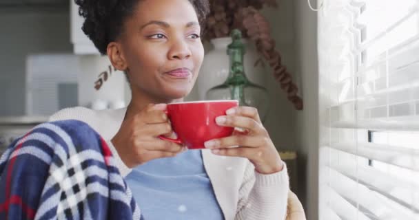 Video Thoughtful African American Woman Drinking Coffee Looking Window Lifestyle — Vídeo de Stock