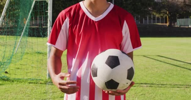 Βίντεο Από Ποικίλο Αρσενικό Biracial Ποδοσφαιριστής Στέκεται Στο Γήπεδο Μπάλα — Αρχείο Βίντεο