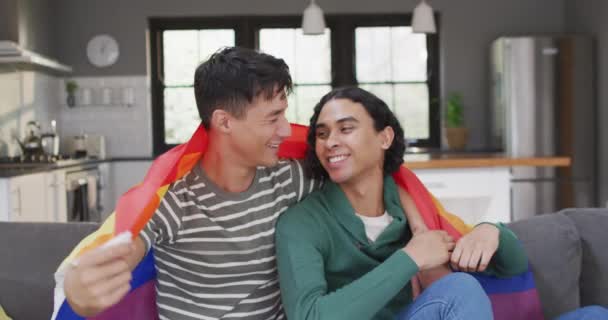 Portrait Happy Diverse Male Couple Embracing Lgbt Flag Spending Quality — Vídeo de Stock