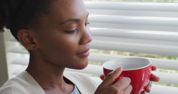Video Thoughtful African American Woman Drinking Coffee Looking Window Lifestyle — Vídeos de Stock