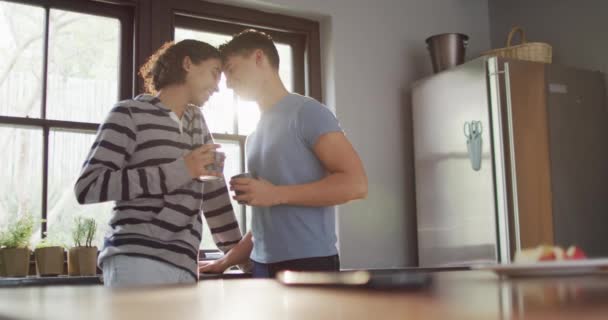 Happy Diverse Male Couple Drinking Coffee Embracing Kitchen Spending Quality — ストック動画