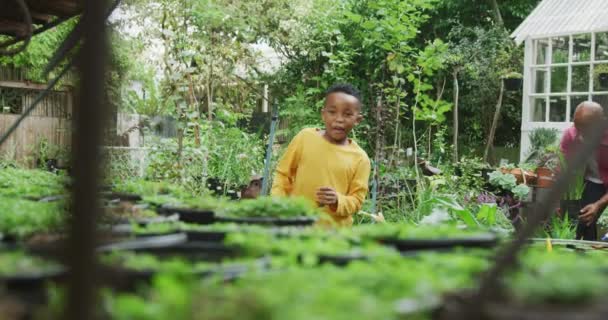 Happy Senior African American Man His Grandson Working Garden Spending — Vídeos de Stock