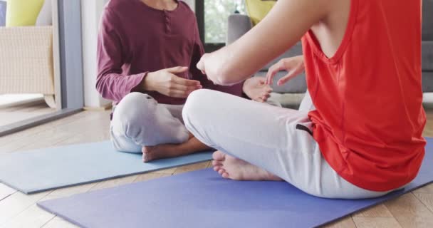 Happy Diverse Male Couple Doing Yoga Meditating Living Room Spending — 图库视频影像