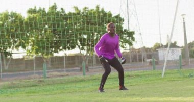 Video of african american goalkeeper on field, playing football. Male football team, inclusivity and fitness in team sports.