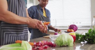 Video of hands of diverse couple preparing meal, cutting vegetables in kitchen. Love, relationship and spending quality time together at home.
