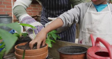 Mutlu kıdemli Afro-Amerikan adam ve torunu bahçede saksı kuruyorlar. Dışarıda vakit geçirmek, bahçede çalışmak..