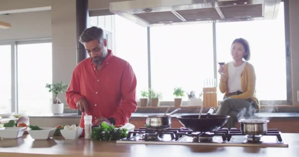 Happy Diverse Couple Cooking Together Chopping Vegetables Drinking Wine Kitchen — Stockvideo