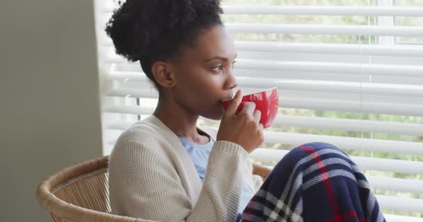 Video Thoughtful African American Woman Drinking Coffee Looking Window Lifestyle — Stock videók