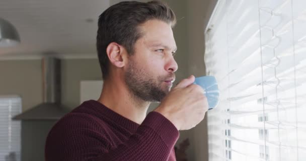 Video Thoughtful Caucasian Man Drinking Coffee Looking Window Lifestyle Relax — Stock videók
