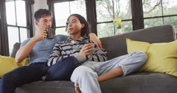 Happy Diverse Male Couple Sitting Sofa Drinking Coffee Living Room — Vídeo de Stock