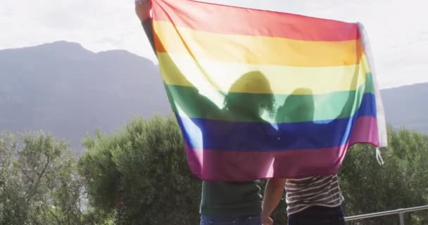 Happy Diverse Male Couple Holding Lgbt Flag Arms Wide Spending — Vídeo de stock
