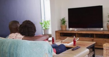 Video of back view of african american couple sitting on sofa with beer and talking. Love, relationship and spending quality time together concept.