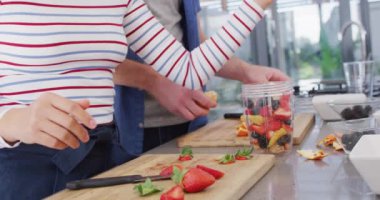 Video of midsection of diverse couple preparing fruits for juice. Love, relationship and spending quality time together concept.