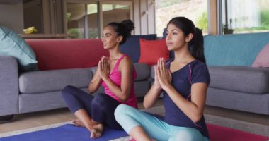 Video of relaxed diverse female friends practicing yoga together at home. Friendship, spending quality time together at home.