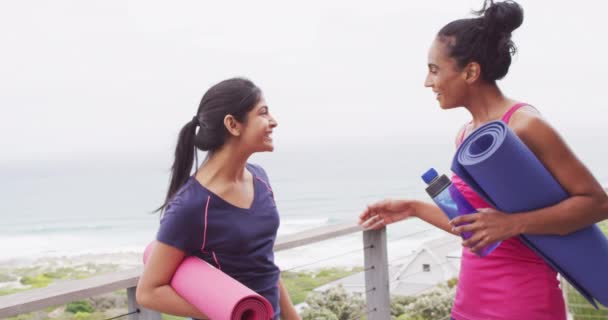 Video Happy Diverse Female Friends Holding Yoga Mats Clapping Hands — Vídeo de stock