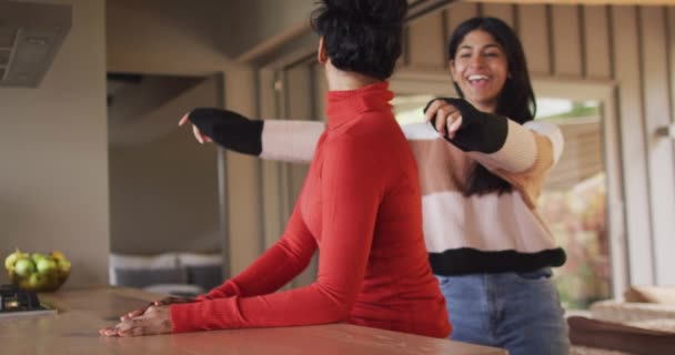 Video Happy Biracial Female Friends Embracing Kissing Friendship Having Fun — Stock Video