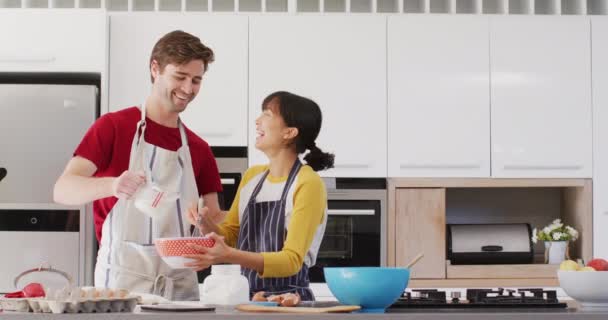 Video Happy Diverse Couple Baking Together Kitchen Love Relationship Spending — Stock video