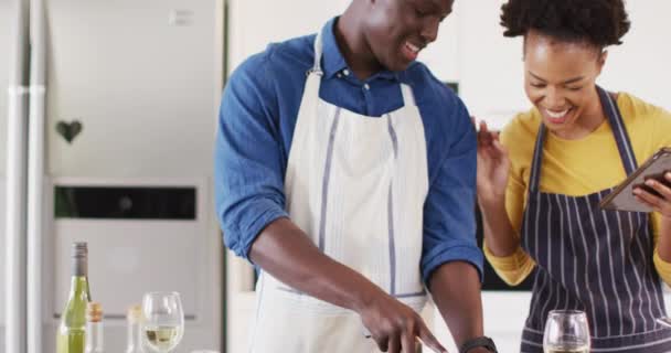 Video Happy African American Couple Cooking Together Tablet Love Relationship — Stockvideo