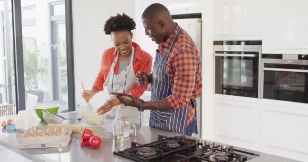 Video Happy African American Couple Baking Together Tablet Love Relationship — Stockvideo