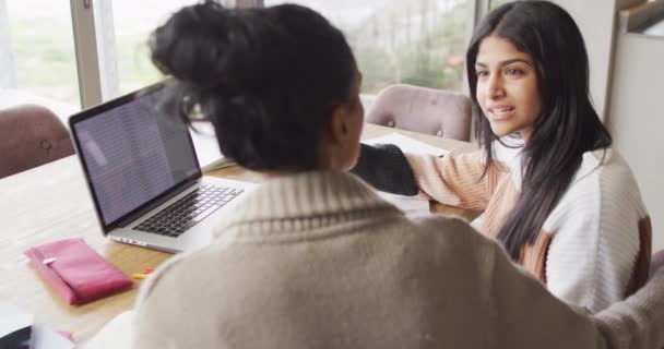 Video Focused Biracial Women Working Home Laptop Friendship Working Home — Vídeos de Stock