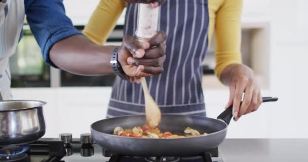 Video Midsection African American Couple Cooking Together Love Relationship Spending — Stockvideo