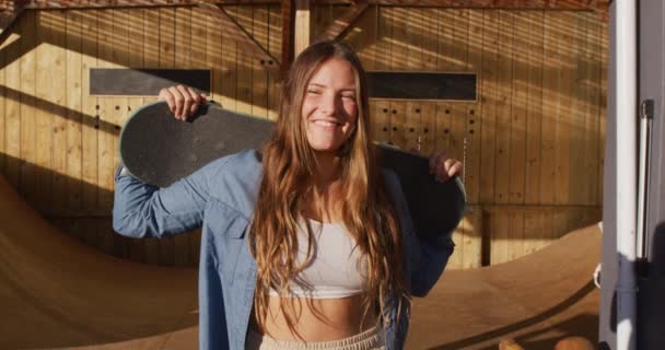 Video Happy Caucasian Female Skateboarder Holding Skateboard Skate Park Skateboarding — Video