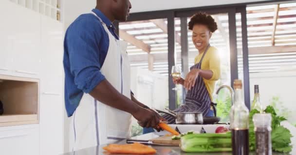 Video Happy African American Couple Cooking Together Drinking Wine Love — Stok video