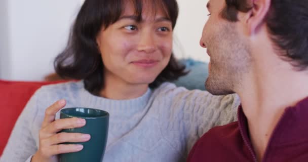 Video Back View Happy Diverse Couple Sitting Sofa Drinking Coffee — Video Stock