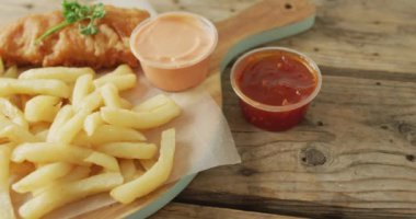 Video of fish and chips on wooden board with dips, on wooden table. tasty hot fast food meal.