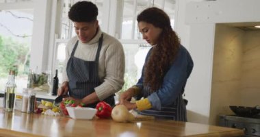 Video of happy biracial couple preparing meal together. Domestic lifestyle and leisure time at home.