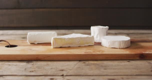 Video Assorted Soft Cheeses Chopping Board Wooden Table Copy Space — Video